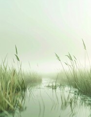 Obraz premium Tall Grass Emerging From Calm Waters Under Soft Foggy Morning Light