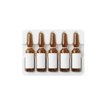 Five identical 10ml amber glass medical ampoules with blank white labels in a plastic blister pack, on a minimalist white background, displaying pharmaceutical precision