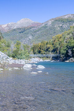 Parral, Maule Region - May 9, 2026: La Balsa sector, in the Parral mountain range, where the Longavi River flows through a valley surrounded by mountains and native forest.