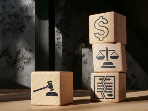 Legal finance symbols on blocks for business compliance planning.