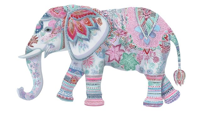 Ornate floral elephant illustration with colorful mandala patterns. Bohemian patchwork animal silhouette. Creative mosaic safari graphic isolated on white.