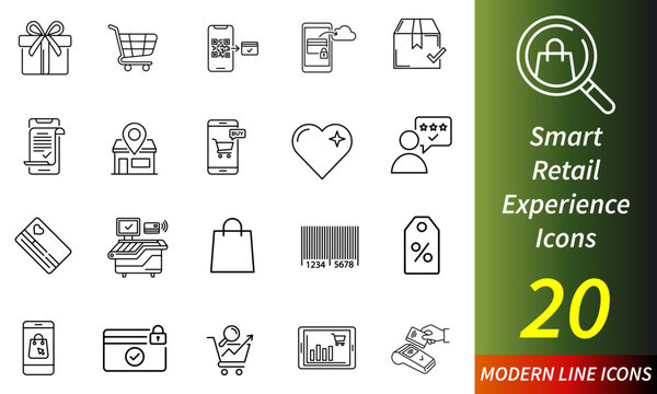 Smart Retail Experience line icon set. Editable Stroke. shopping cart, online payment, QR checkout, delivery package, digital receipt - stock vector.