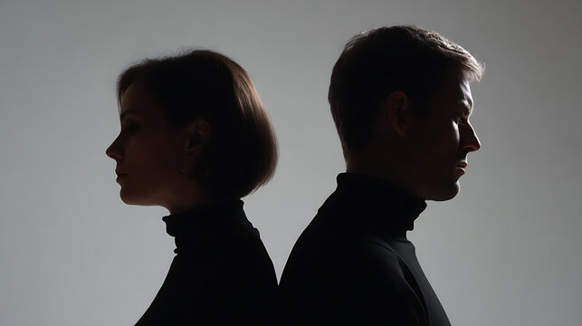 Silhouette profile of a man and woman standing back to back, depicting relationship distance, conflict, and emotional separation in a studio setting