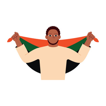  Young Black man wearing Pan-African flag like a cape
