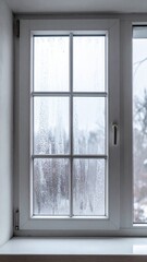 Fototapeta premium Closed White Window Frame with Condensation Overlooking Winter Trees Outside