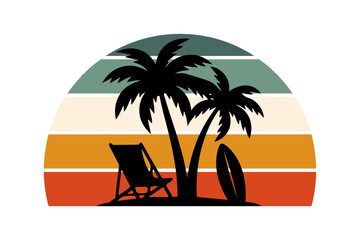 Obraz premium Retro vintage tropical beach sunset silhouettes vector illustration with palm trees and summer beach vacation graphic scenes. 