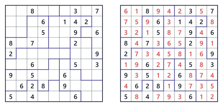 Jigsaw Sudoku challenging level puzzle with numbers in grids  