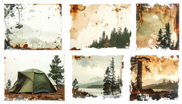 Assorted Mountain and Forest Scenes with Distressed Border Effects