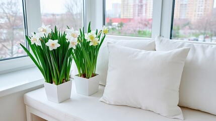 Naklejka premium Potted daffodils placed on window bench with city view