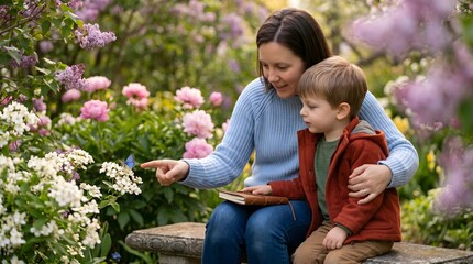 Fototapeta premium Joyful little boy gives a bouquet of yellow dandelions to his smiling mother in a sunny, vibrant green meadow, celebrating love, nature, and family moments.