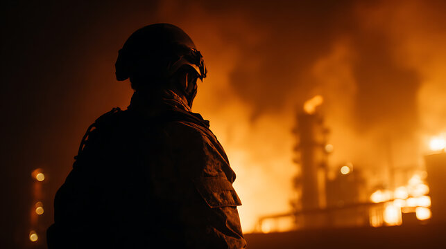 Silhouette Figure in Tactical Gear Stands Before a Blazing Industrial Scene at Night, Intense Heat and Smoke Billow