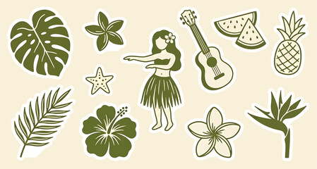 Set of tropical hawaiian themed stickers in olive green © SampaRani