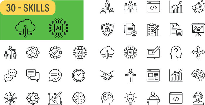 Collection of 30 Line Icons Set for Skills and Professions in Flat Design Style