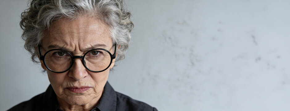 Angry senior woman wearing glasses looking with dissatisfaction and aggression. Grumpy elderly female portrait showing annoyance, bad mood and irritability. Banner of toxic behavior in age copyspace.