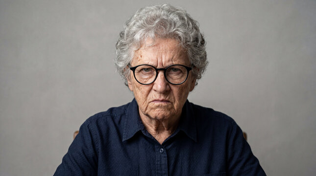 Angry old woman with a serious face and glasses looking at the camera. Portrait of an aggressive senior female expressing dissatisfaction and bad mood. Age-related behavior and emotion.
