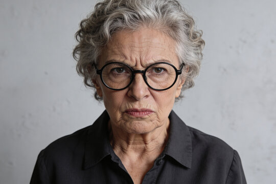 Angry senior woman looking with stern expression. Elderly lady with grey hair and glasses showing irritation. Aggressive and grumpy character portrait. Age related mood and emotion.
