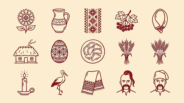 Set of traditional ukrainian cultural symbols and folk icons