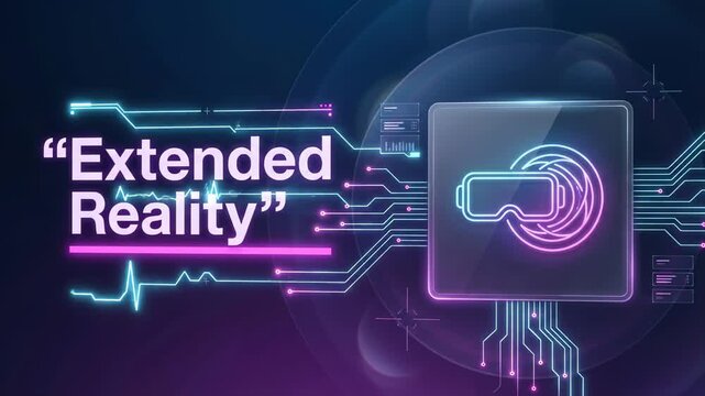 Digital animation showing the concept of extended reality, featuring a glowing vr headset icon on a futuristic interface with circuit board lines and data visualization elements