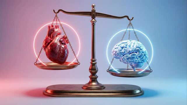 Weighing scale with a realistic human heart and brain on opposite plates, symbolizing the tension between emotion and reason, love versus logic, choice and inner conflict