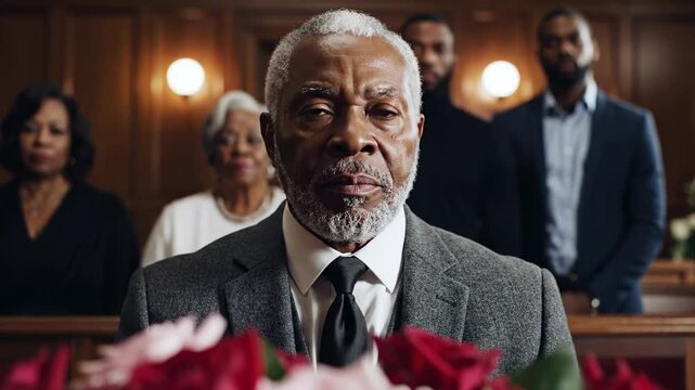 Sad elderly african american man looking at the camera with tearful eyes while grieving at a memorial service with his family, with a bouquet of red and pink roses in the foreground