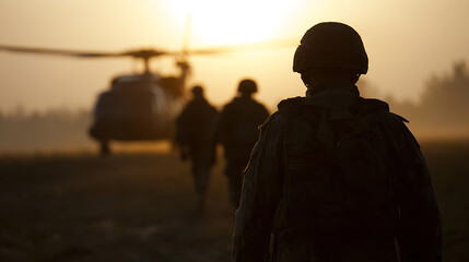 Obraz premium Silhouette of military personnel with a large transport aircraft in the background against a dramatic sunrise or sunset sky