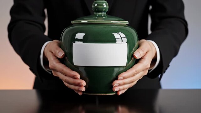 Close up of a funeral director holding a green ceramic cinerary urn with a blank white label for a name, representing grief, remembrance, and the final resting place for a loved one's ashes