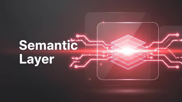 Advanced semantic layer technology visualizing data abstraction, business intelligence, and analytics processing with a glowing futuristic icon and expanding digital circuit board connections