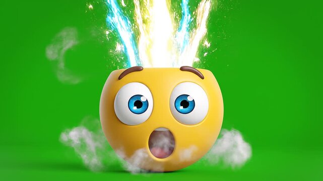 A 3d cartoon emoji with a shocked expression and a cloud on its head on green background