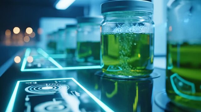 Close up of glass bioreactors with bubbling green chlorella algae standing in a row on a modern bench with a glowing holographic display showing data in a futuristic scientific laboratory