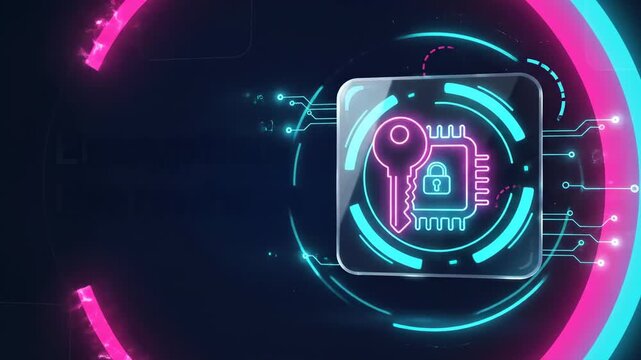 Futuristic animation showing a glowing neon key and a microchip with a padlock, symbolizing digital data encryption and internet privacy protection on a circuit board background with particles