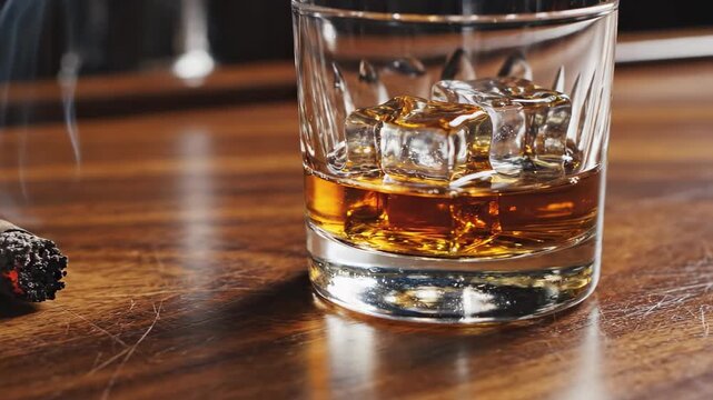 Luxurious lifestyle concept with a lit cigar emitting smoke and a crystal glass of amber colored whiskey with ice cubes resting on a scratched wooden table, representing relaxation and indulgence