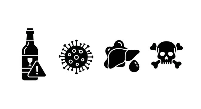 Alcohol, Virus, Liver Damage, and Skull Icons Representing Health Risks