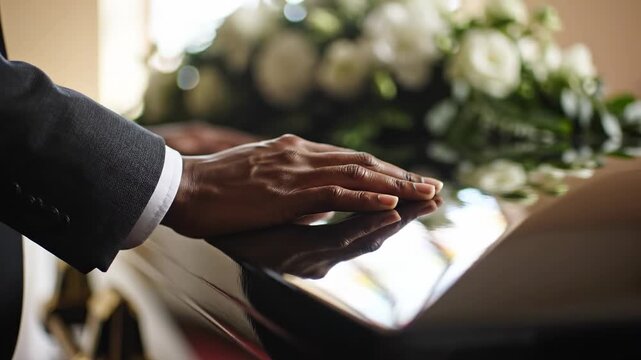 Sad african american man in a dark suit touching a coffin during a funeral service, expressing grief and sorrow for the loss of a loved one while white flowers adorn the background