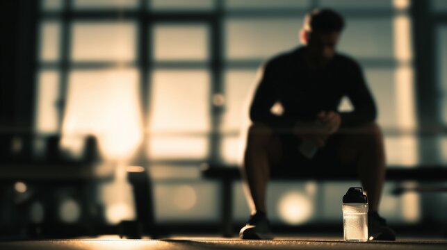Creatine monohydrate powder placed on floor near person resting in gym