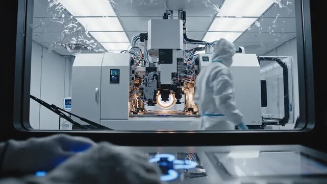 Gloved hands of a scientist operating a sophisticated control panel for a high tech manufacturing machine inside a sterile, advanced laboratory cleanroom for producing silicon wafers