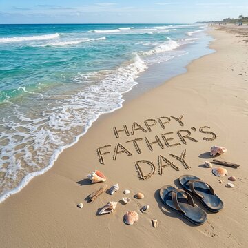 Happy fathers day beach scene with seashells and flip flops