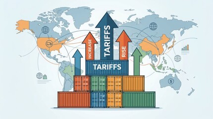 Fototapeta premium Global trade tariffs rising with cargo containers and world map illustration