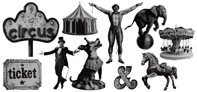 Set of circus entertainment halftone grunge vector design elements