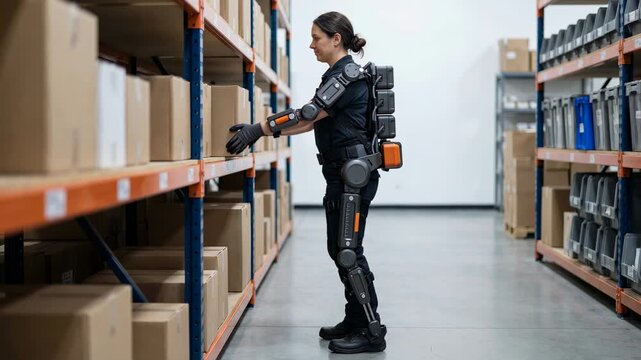 Female warehouse employee using a powered exoskeleton suit for enhanced strength and support while moving heavy cardboard boxes from a high shelf in a modern logistics and distribution center