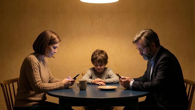 Family suffering from technology addiction, with a lonely child looking sad while his parents are absorbed by their mobile phones, symbolizing modern communication problems and neglect
