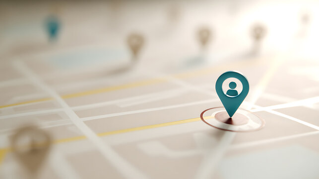 Abstract navigation and location concept with a pinpoint icon on a blurred map, representing user position or target destination with light