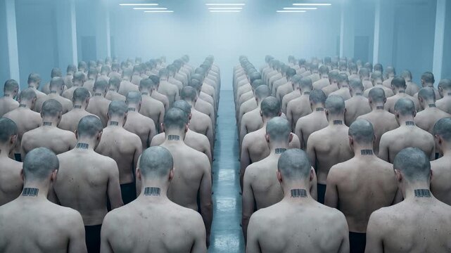 Endless rows of identical men standing in a sterile, futuristic factory, each marked with a barcode tattoo on their neck in a dystopian vision of human cloning and mass production