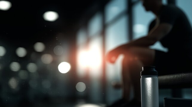 Creatine monohydrate powder near a person resting after workout at gym