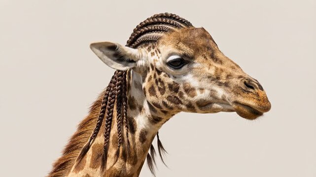 Funny concept video of a giraffe with a human braided hairstyle turning its head and blinking. Surrealistic portrait of a wild animal with cornrows, a humorous and creative take on wildlife