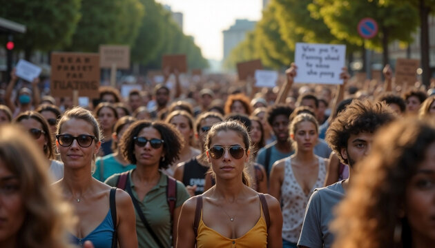 Crowd marching for solidarity against racism, diverse individuals show collective resolve. Many hold signs, advocating solidarity against racism and social justice.