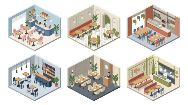 Isometric view of various stylish restaurant dining areas and bars, showcasing modern interior design elements for hospitality venues