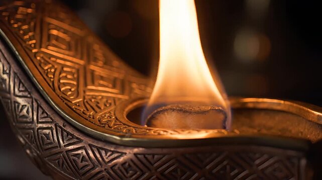Closeup of an ancient ornate oil lamp burning brightly.