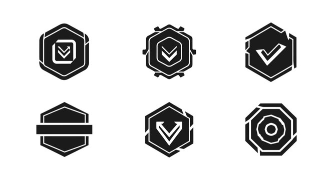 Hexagon Badges and Icons Set: Checkmark, Target, Abstract Shapes