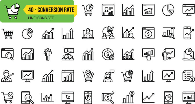 Conversion rate optimization icons set with flat design and business analytics symbols