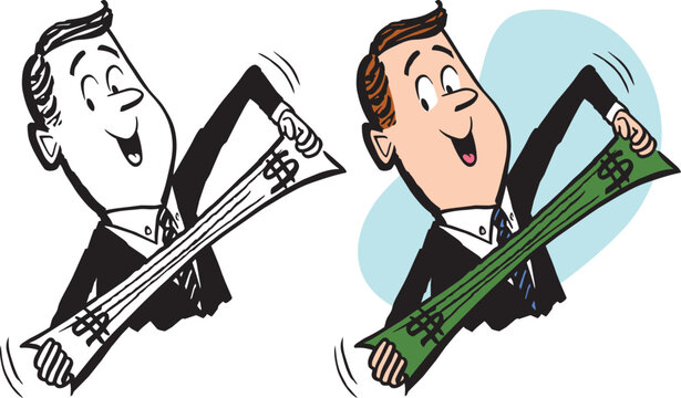A vintage retro cartoon of a frugal businessman literally stretching a dollar. 
